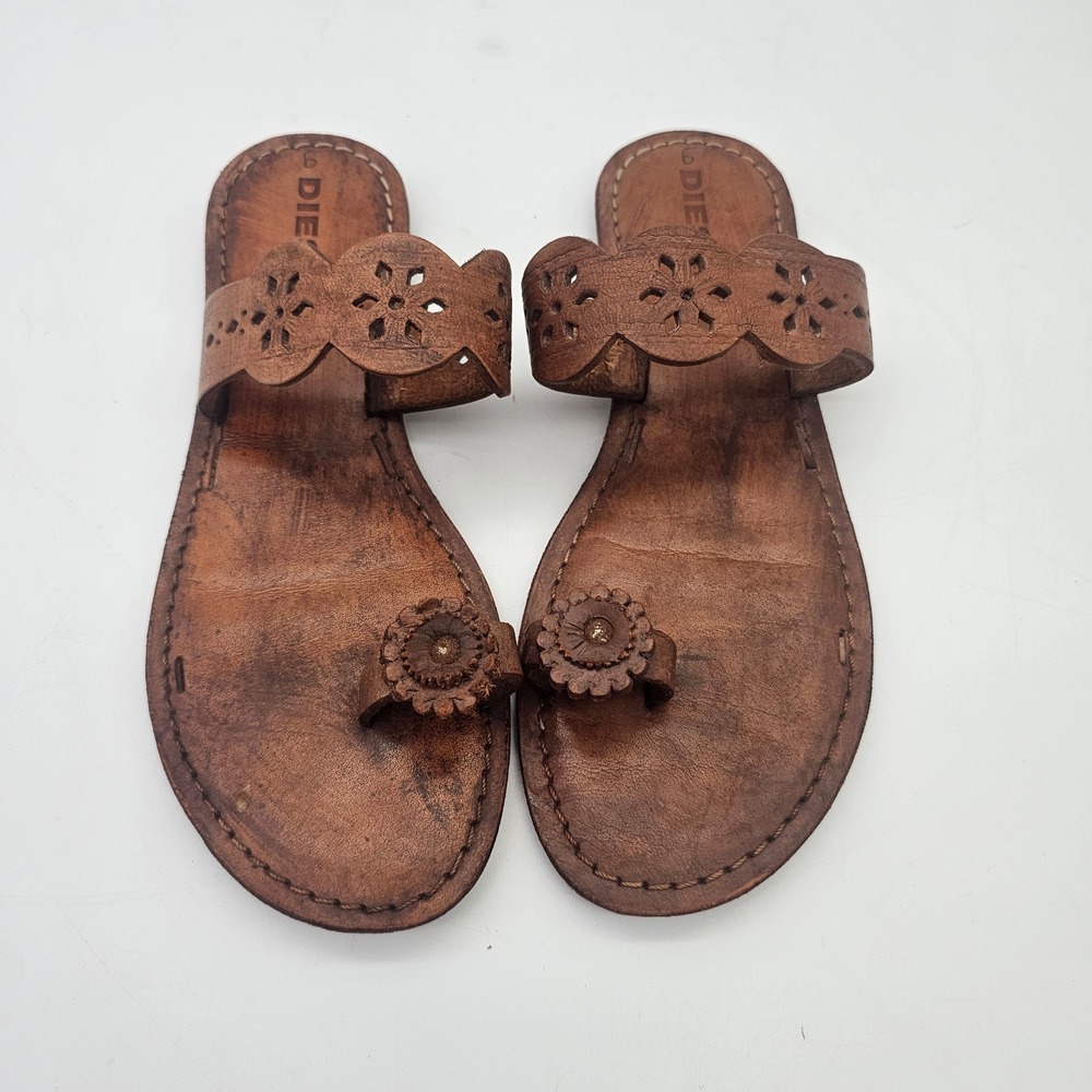 Diesel Leather Toe Ring Sandals Womens 9 Brown Boho Floral Cutout Flat Slides